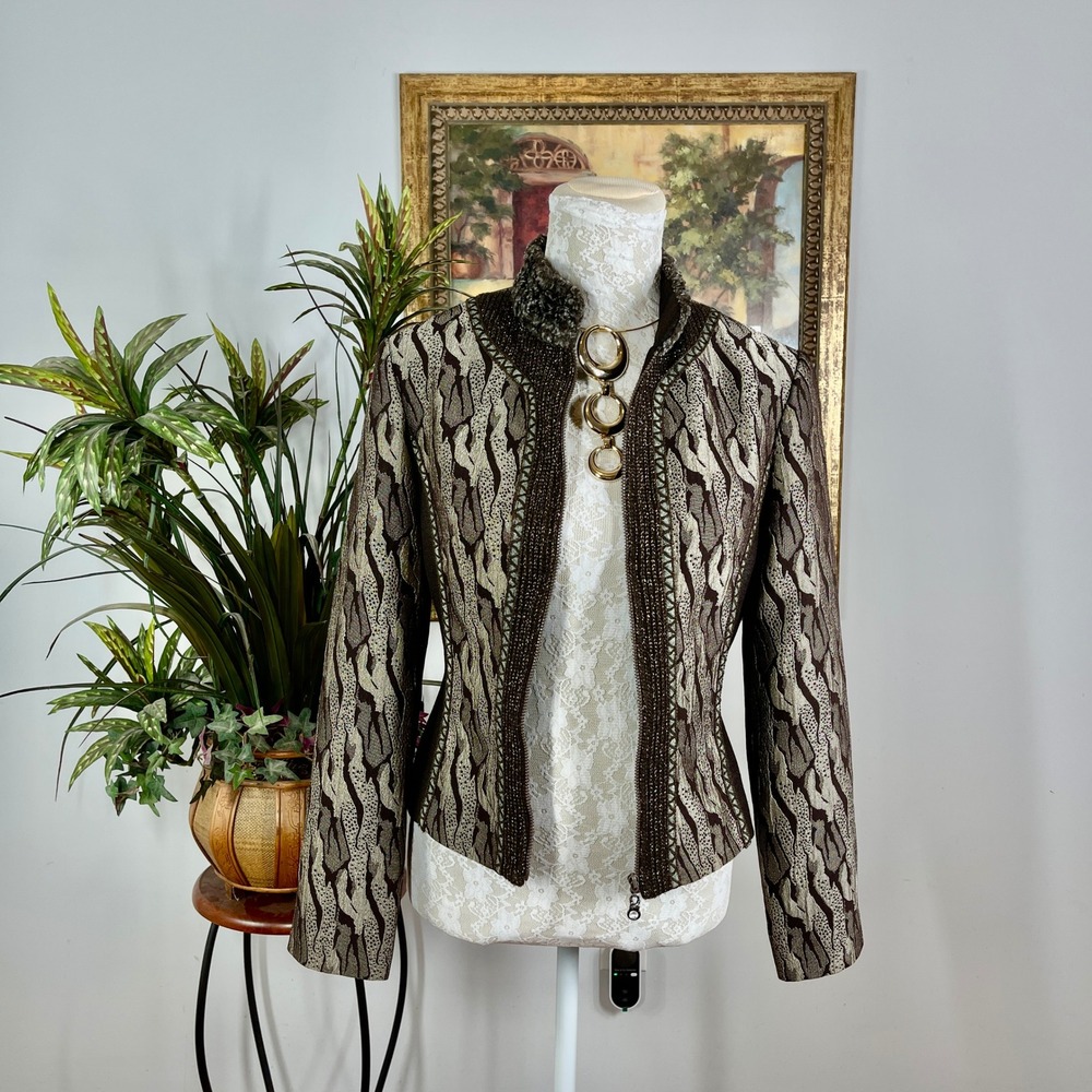 Meingshoue Jacket Women S Brown Woven Animal Print Faux Fur Collar Zip Up